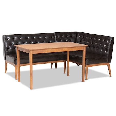 Baxton Studio Riordan Mid-Century Dark Brown Faux Leather and Walnut Brown Finished Wood 3-PC Dining Nook Set 186-11358-9305-Zoro